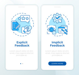 User feedback types blue onboarding mobile app screen. Walkthrough 2 steps editable graphic instructions with linear concepts. UI, UX, GUI template. Montserrat SemiBold, Regular fonts used