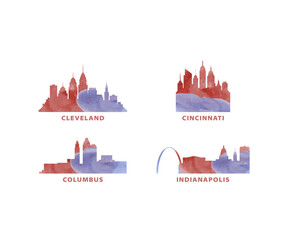 USA, United States cities skyline vector logo, icon set. Ohio, Indiana state Cleveland, Cincinnati, Columbus, Indianapolis silhouette. America graphic collection