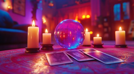 Mystical Fortune Telling with Crystal Ball  Candles  and Tarot Cards