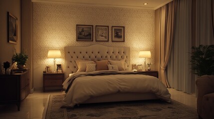 A Luxurious Bedroom with a Large Bed, Lamps, and a Rug