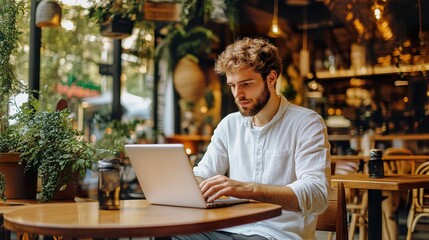 Fototapeta premium A freelance worker in the gig economy, managing multiple projects from a cafe, balancing flexibility and entrepreneurship