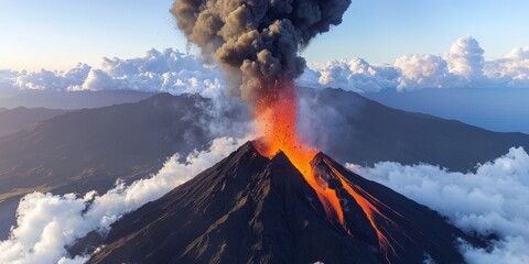 Erupting Volcano with Smoke and Lava Flow   Aerial View