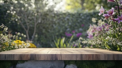A serene garden setting with a wooden table surrounded by vibrant flowers and greenery.