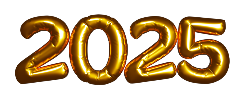Golden balloons 2025 new year text isolated on white background. Inflated font letters for christmas, new year and seasonal holiday celebration.