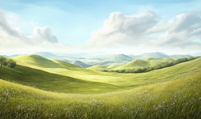 Rolling green hills under a blue sky.