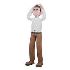 3D Male Sociologist Societal Illustration. A male sociologist is standing while holding his head with both hands. Male