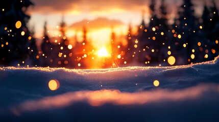A captivating scene of a winter sunset with a snow-covered landscape, showcasing the magic and beauty of nature, with glistening snow, golden light, and a hint of mystery.