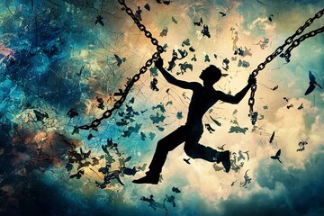 Naklejka premium An evocative symbol of liberation, depicting a figure shattering restraints against a dreamlike canvas.