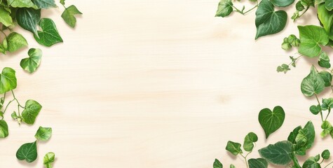 A wooden surface framed by various green leaves, creating a natural and calming aesthetic.