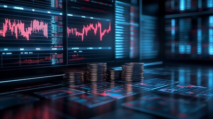 Financial Growth   Investment Concept   Stacks of Coins and Stock Market Charts