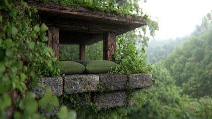 Rustic Stone Bench with Cushions in a Lush Forest Setting