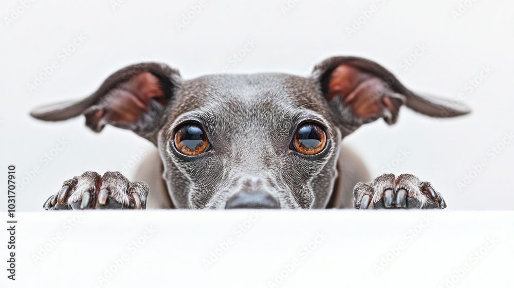 Poster A close-up of a curious dog peeking over a surface with expressive eyes.