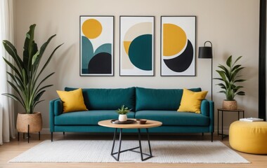 Modern living room interior with sofa, coffee table and plants