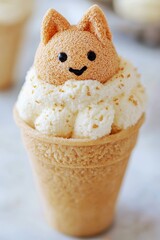 A tight shot of an ice cream cup topped with a cat-faced cone