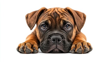 Obraz premium A close-up of a cute, brown puppy with big eyes lying on a white background.