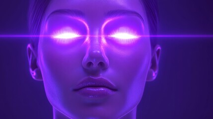 Woman with Glowing Eyes  Futuristic Portrait  Neon Light  Close Up  Beauty  Technology