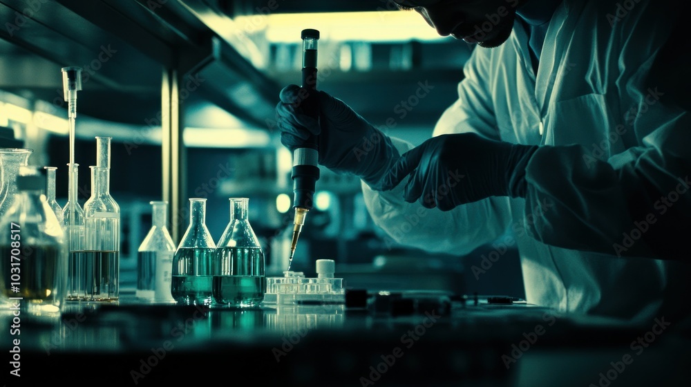 Poster scientist in a lab using pipette to transfer liquid into a petri dish