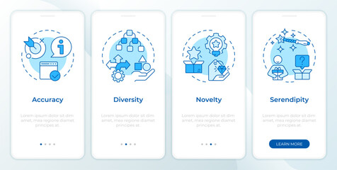 Recommender systems metrics blue onboarding mobile app screen. Walkthrough 4 steps editable graphic instructions with linear concepts. UI, UX, GUI template. Montserrat SemiBold, Regular fonts used