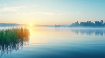 Serene Lake Sunrise with Misty Forest and Grass Reflections