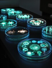 In a laboratory, radiant microbial cultures illuminate petri dishes, revealing the enchanting beauty of bioluminescence.