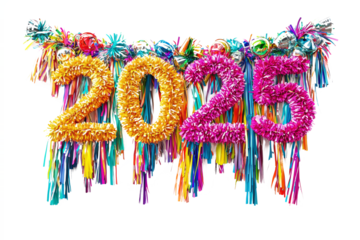 2025 party streamers, noisemakers, and festive garlands on white background