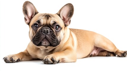 Fototapeta premium A relaxed French Bulldog lying down, showcasing its playful and friendly demeanor.