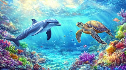 Obraz premium A vibrant underwater scene featuring a dolphin and a turtle among colorful corals and fish.