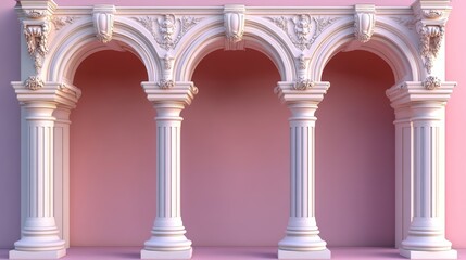 Classic White Columns Archway with Pink Wall Background    Architectural Design Element