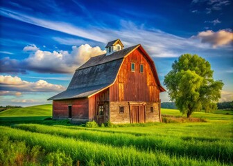 Obraz premium Tilted Old Barn House Surrounded by Green Fields and Clear Blue Sky in Rustic Farm Landscape Photography