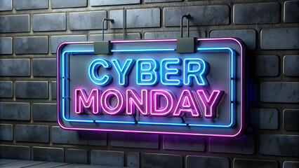 3D render Cyber Monday Concept banner in fashionable neon style, luminous signboard, nightly advertising of sales rebates of Cyber Monday. Black brick wall. Editing text neon sign.