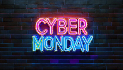 Obraz premium 3D render Cyber Monday Concept banner in fashionable neon style, luminous signboard, nightly advertising of sales rebates of Cyber Monday. Black brick wall. Editing text neon sign.