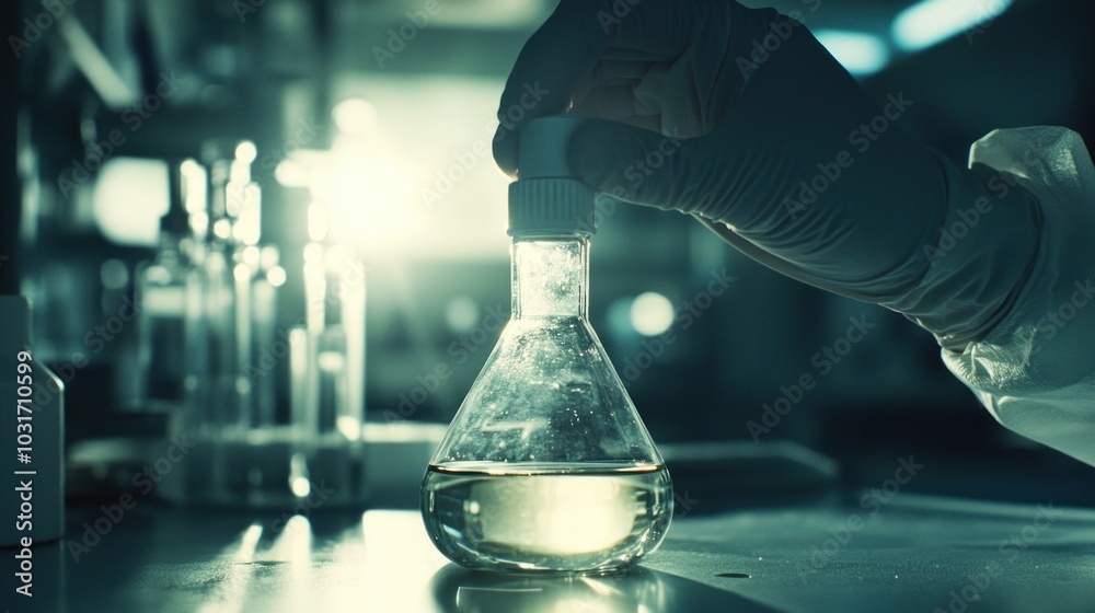 Aufkleber Gloved Hand Holding a Flask of Liquid in a Laboratory Setting