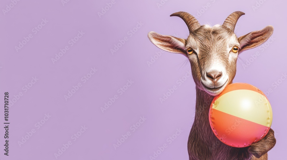 Sticker A cheerful goat holding a colorful beach ball against a pastel background.