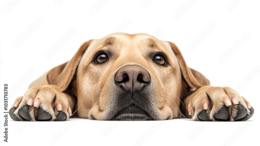 Wall mural A close-up of a resting dog with a gentle expression on a white background.