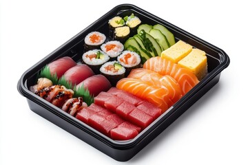 Realistic bento box featuring sushi, sashimi, and vibrant fruit slices for a delightful culinary experience.