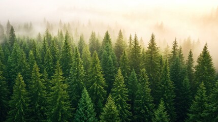 A misty forest landscape with tall evergreen trees and soft light filtering through.