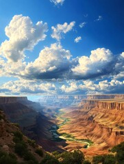 A breathtaking aerial view of a majestic canyon landscape with a winding river snaking through the valley, all under a vast, blue sky adorned with dramatic clouds. It symbolizes nature's grandeur, the