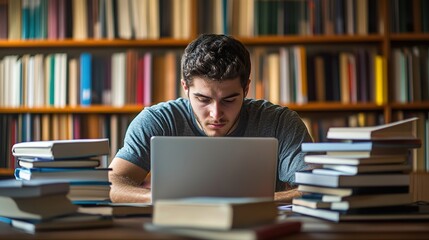 A student researching the education requirements for their desired occupation, surrounded by textbooks and a laptop