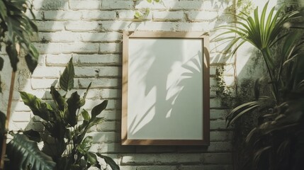 Blank Picture Frame Against a White Brick Wall with Plants and Shadows