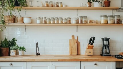 Modern Kitchen with White Tile Backsplash and Wooden Shelves