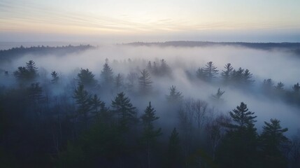 Aerial view of a misty forest at dawn, showcasing tranquility and natural beauty.