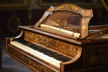 An intricately crafted instrument rests gracefully in a lavish space, beckoning all to embark on a melodic adventure.