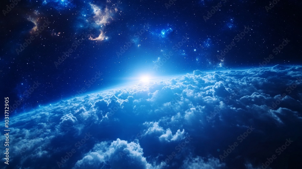 Wall mural a breathtaking view of earth from space, showcasing a luminous horizon, vast clouds, and a celestial