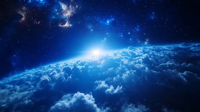 A breathtaking view of Earth from space, showcasing a luminous horizon, vast clouds, and a celestial expanse of stars. This image symbolizes exploration, discovery, awe, and the vastness of the cosmos