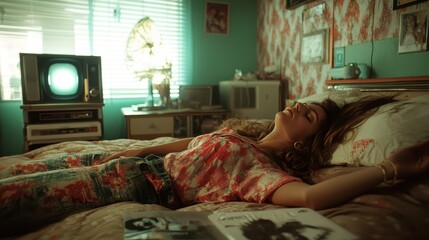 A woman lies relaxed on her bed in a vintage-styled room with floral wallpaper, a retro TV, and...