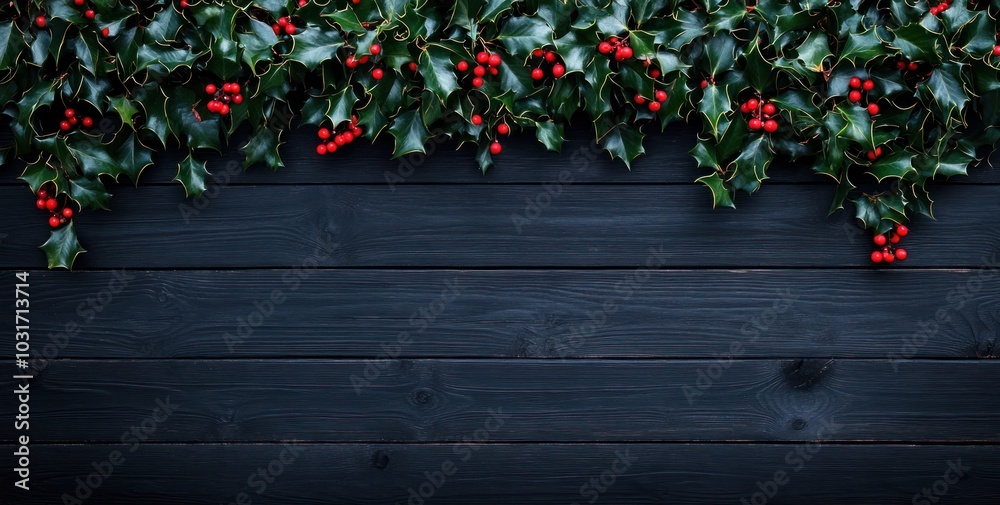 Sticker A dark wooden background adorned with holly leaves and red berries, evoking a festive atmosphere.