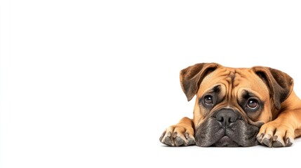 Obraz premium A sad-looking dog resting on the ground, conveying a sense of longing or concern.