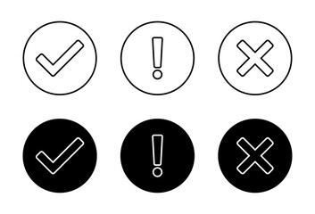 Checkmark, exclamation mark, and cross sign icon on black circle. Tick, warning, and x symbol