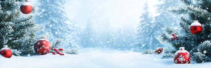 Snow-covered landscape with Christmas tree decorations. Festive banner design. Banner.