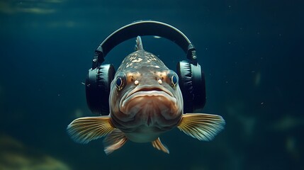 Stylish Catfish Underwater Wearing Waterproof Headphones Swimming Gracefully in Sync with Underwater Rhythm